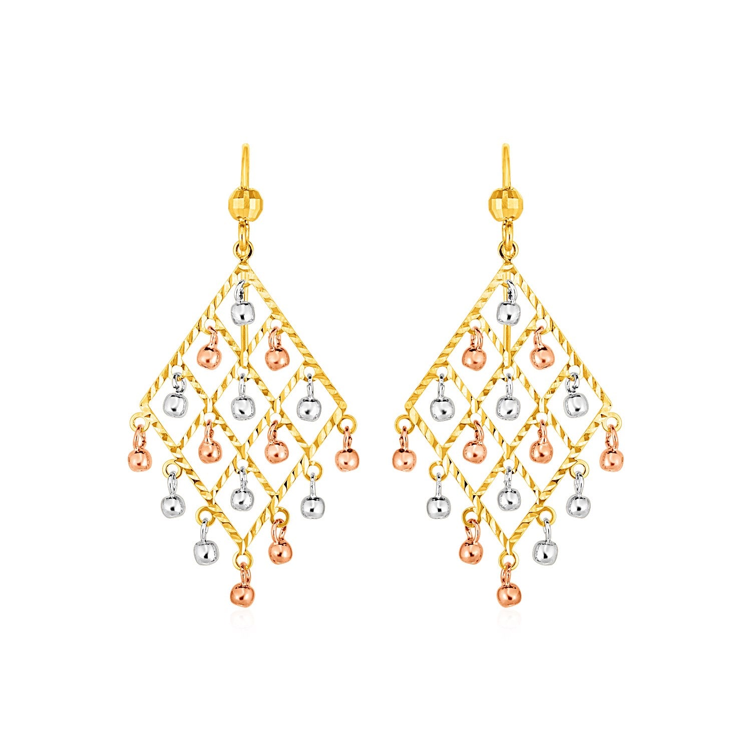 Textured Chandelier Earrings with Ball Drops in 14k Tri Color Gold