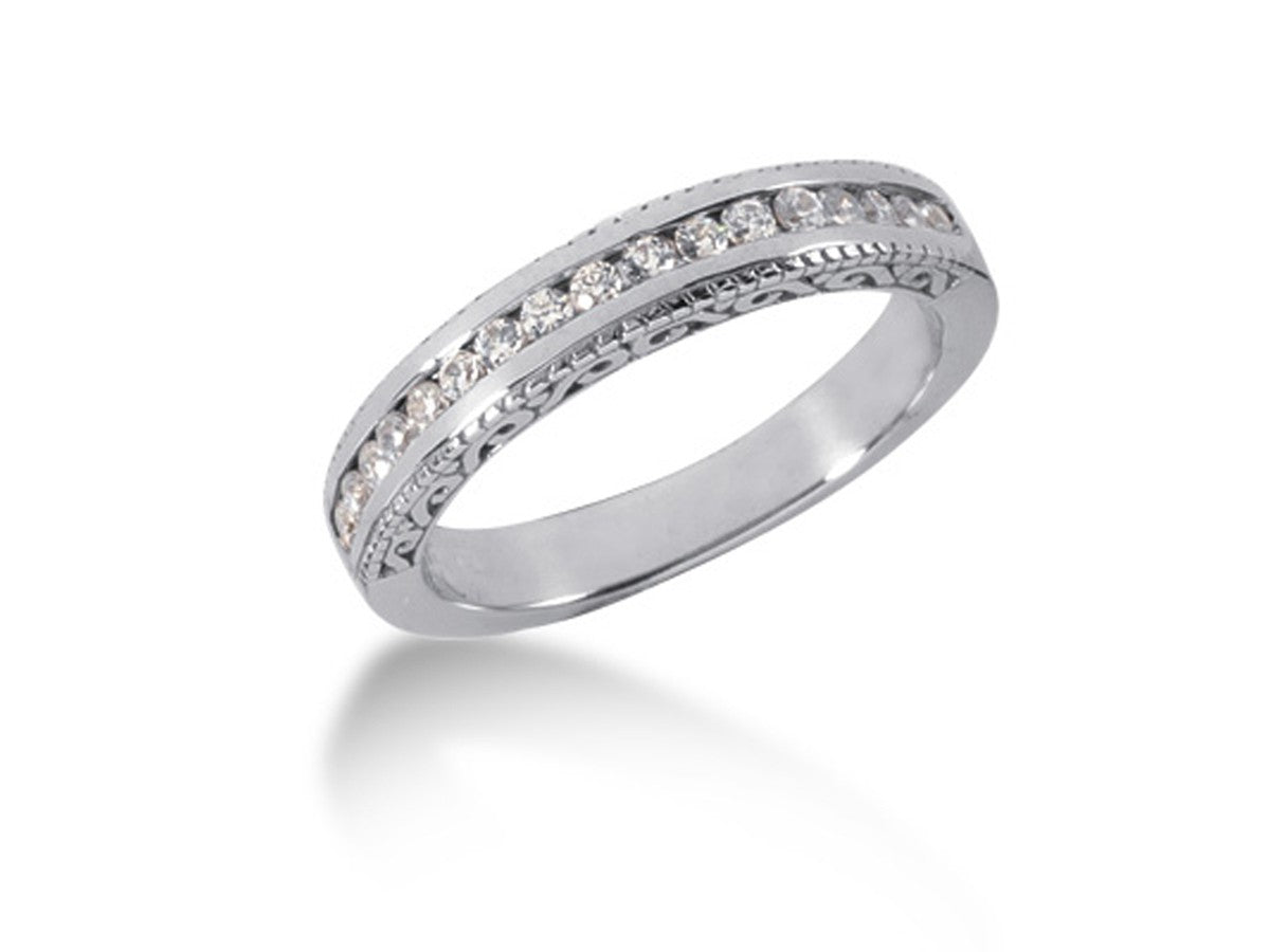 14k White Gold Vintage Style Engraved Diamond Channel Set Wedding Ring Band