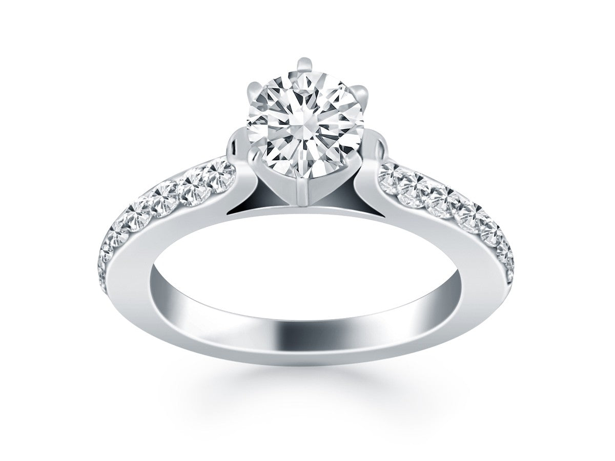 14k White Gold Curved Shank Engagement Ring with Pave Diamonds