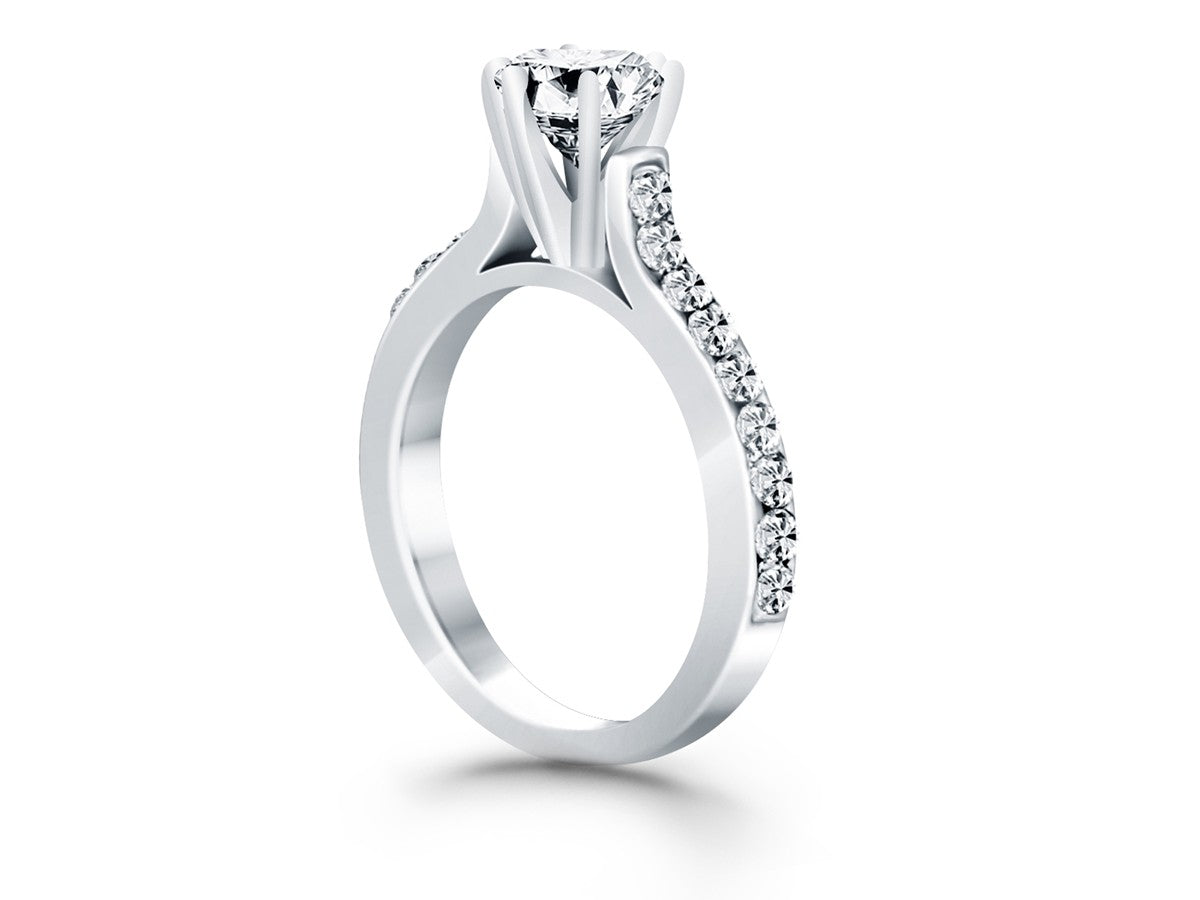 14k White Gold Curved Shank Engagement Ring with Pave Diamonds