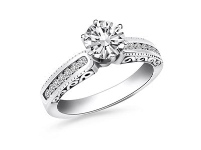 14k White Gold Channel Set Engagement Ring with Engraved Sides