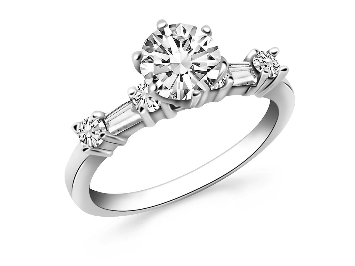 14k White Gold Engagement Ring with Round and Baguette Diamonds