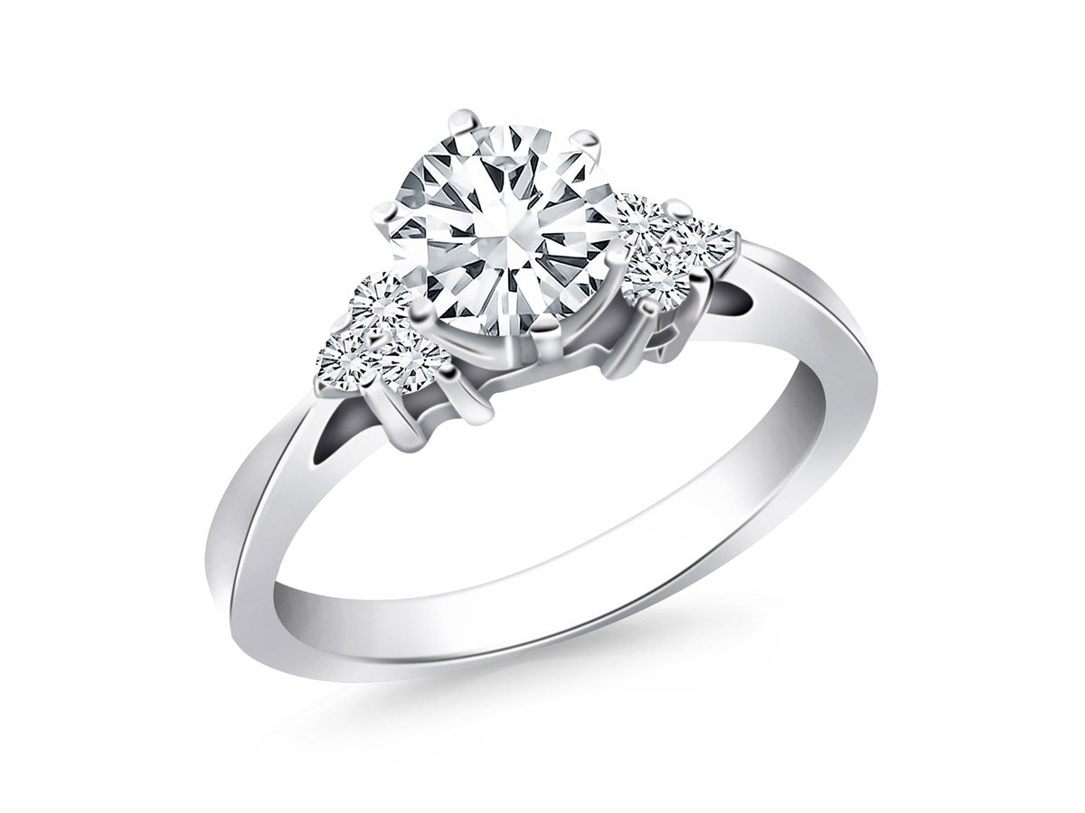 14k White Gold Cathedral Engagement Ring with Side Diamond Clusters