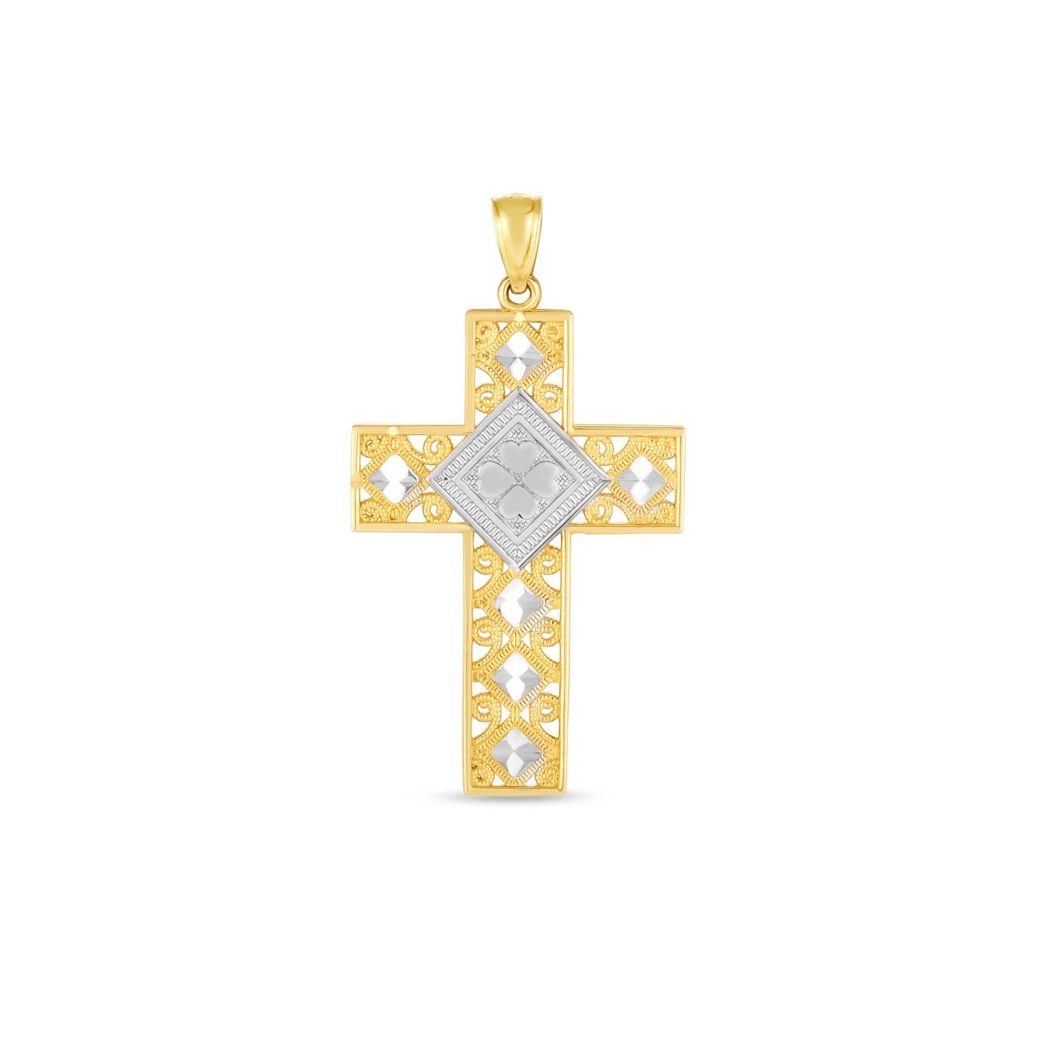 14k Two Tone Gold High Polish Diamond Cut Cross Pendant