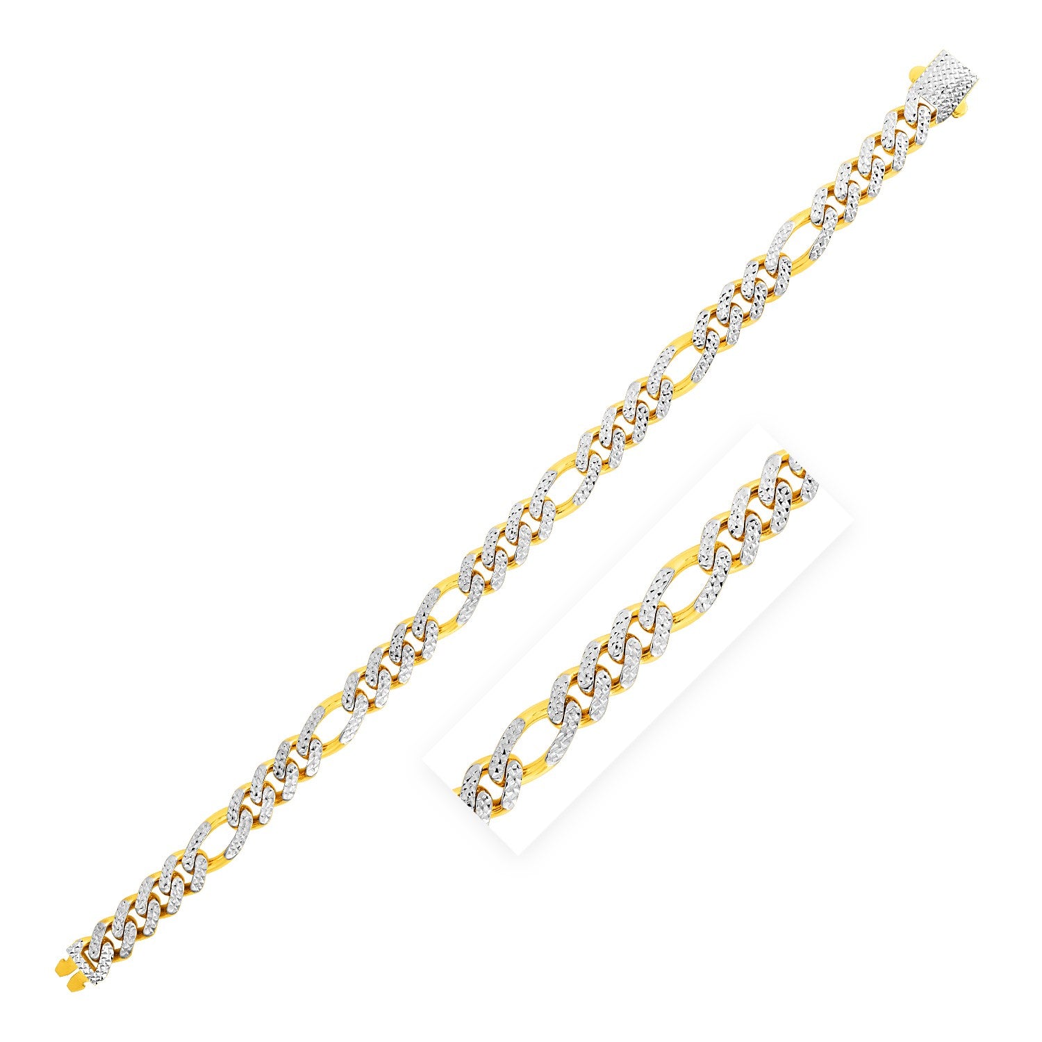 14k Yellow Gold White Pave High Polish Modern Lite Figaro Bracelet  (8.00 mm)