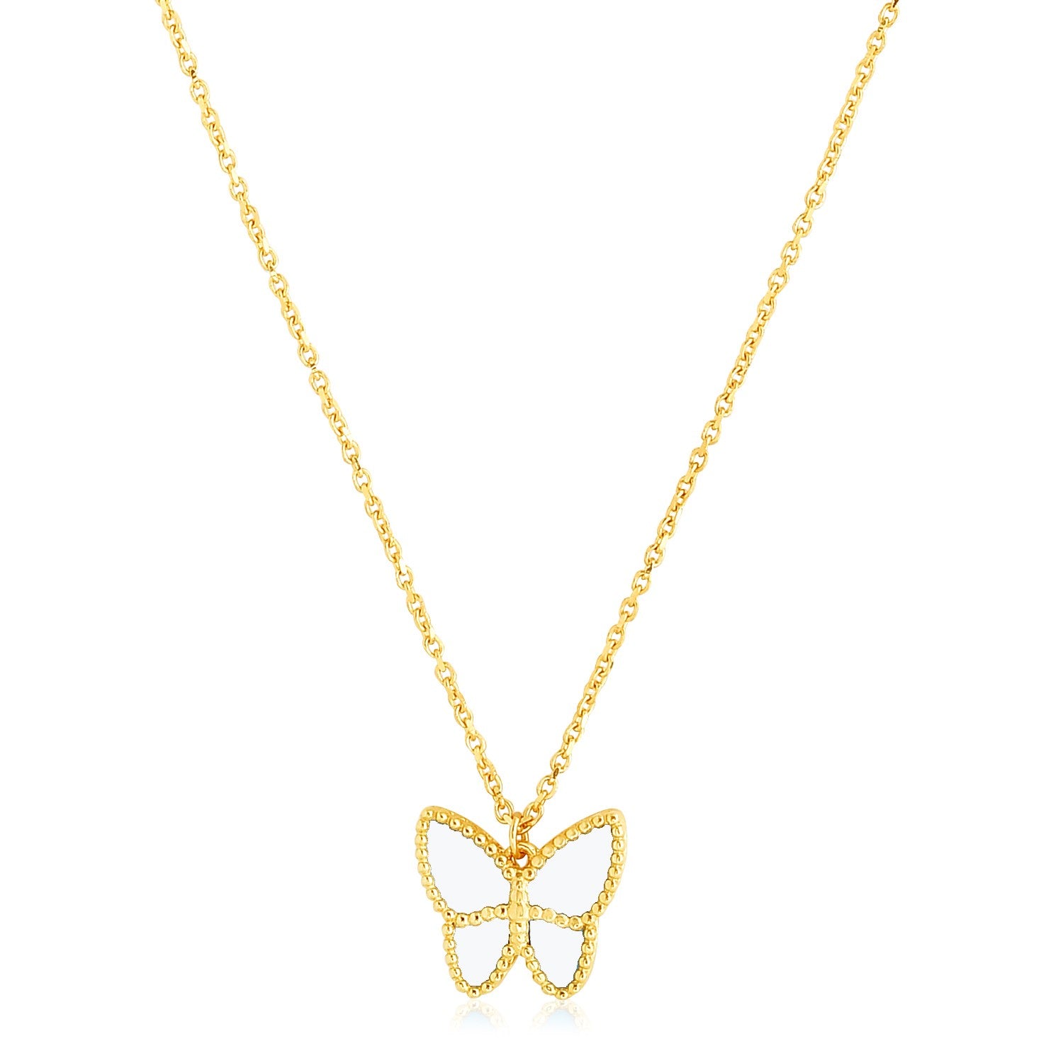 14k Yellow Gold High Polish Butterfly Peral Paste Necklace