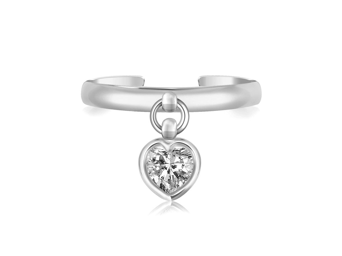 Sterling Silver Rhodium Finished Heart Cubic Zirconia Charm Toe Ring