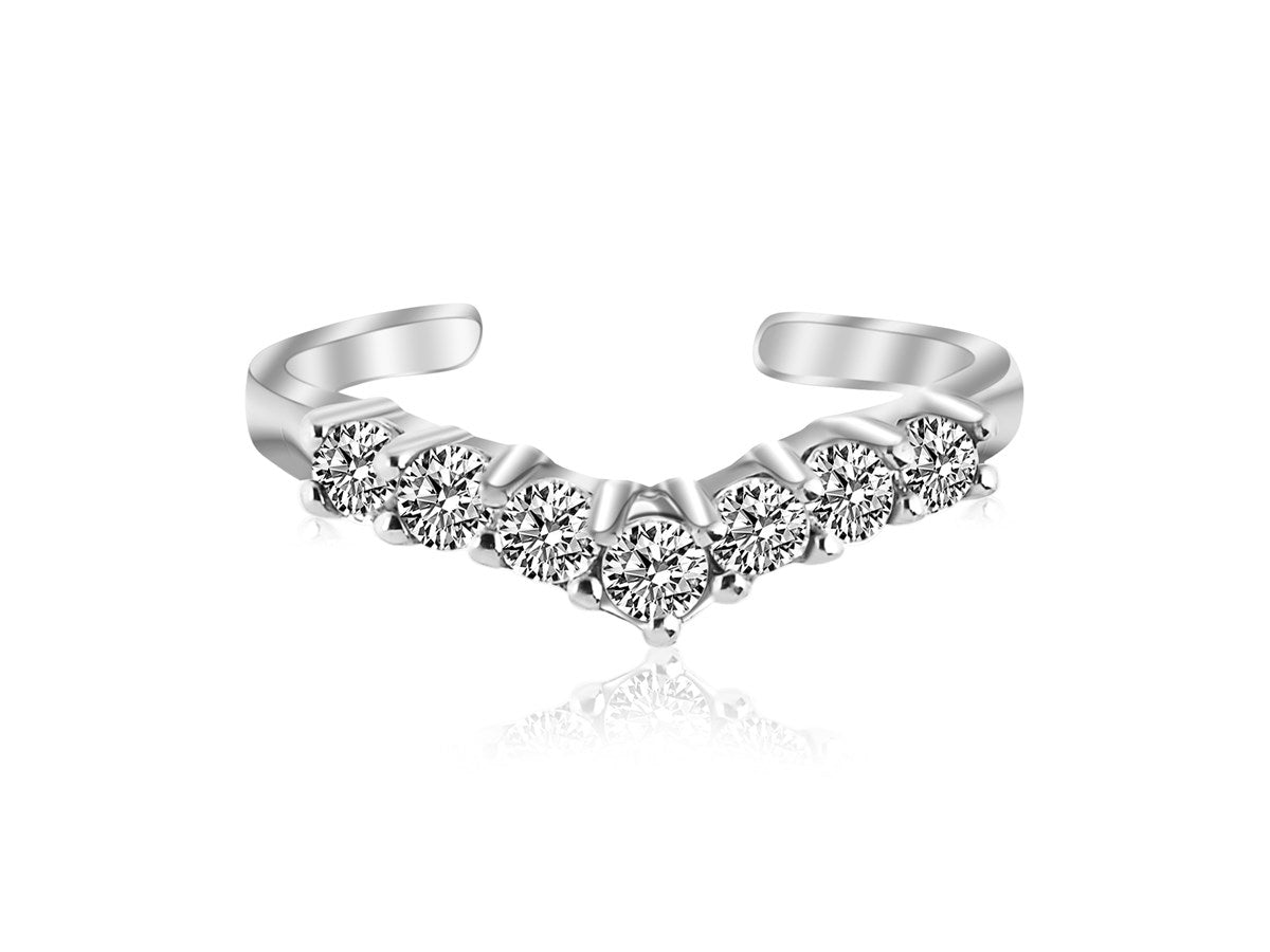 Sterling Silver Rhodium Finished V Shape Toe Ring with Cubic Zirconia Accents