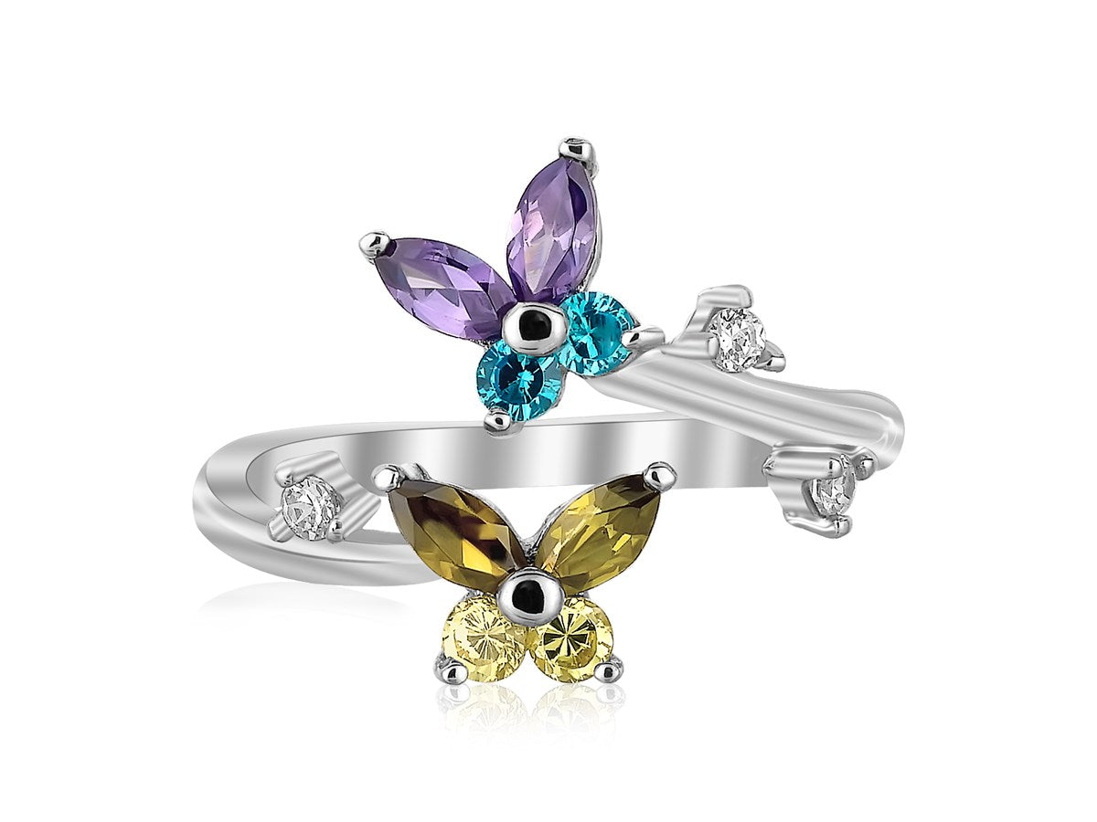 Sterling Silver Rhodium Plated Floral Toe Ring with Multi-Tone Cubic Zirconia