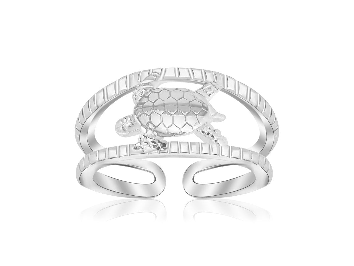 Sterling Silver Rhodium Plated Open Toe Ring with a Turtle Accent