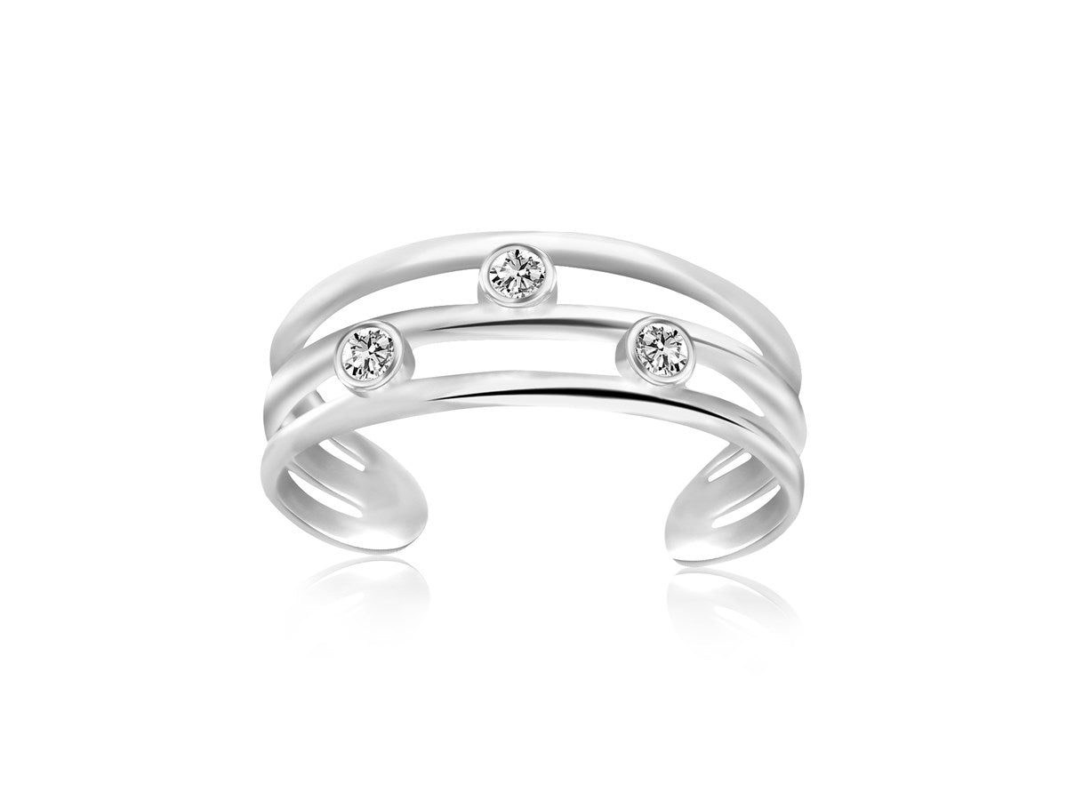 Sterling Silver Rhodium Plated Triple Line Open Motif Cubic Zirconia Toe Ring