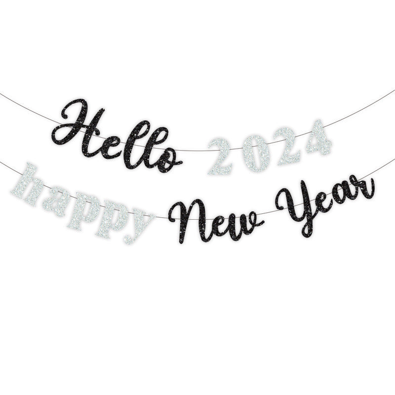 Party Hello Banner Layout Glitter Happy New Year Letter Hanging Flag